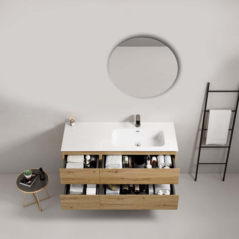 Mobile bagno sospeso 120 cm Bruno Medio Lavabo a Destra in Ceramica Specchio Tondo - Fiji Wood