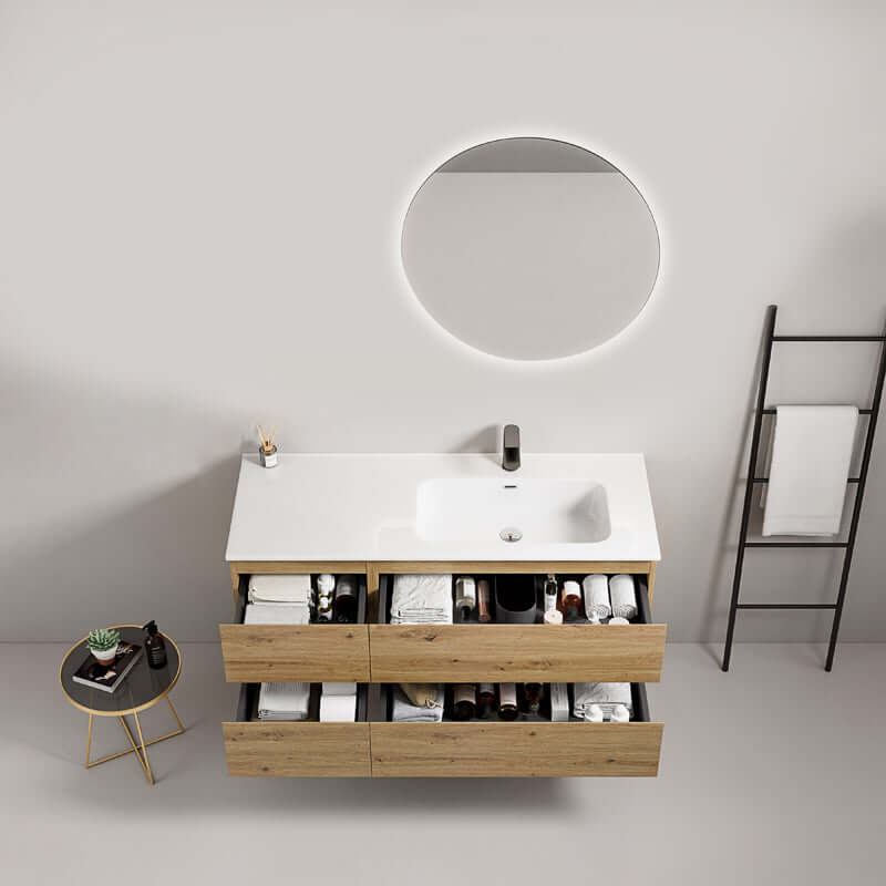 Mobile bagno sospeso 120 cm Bruno Medio Lavabo a Destra in Ceramica Specchio Tondo Retroilluminato - Fiji Wood