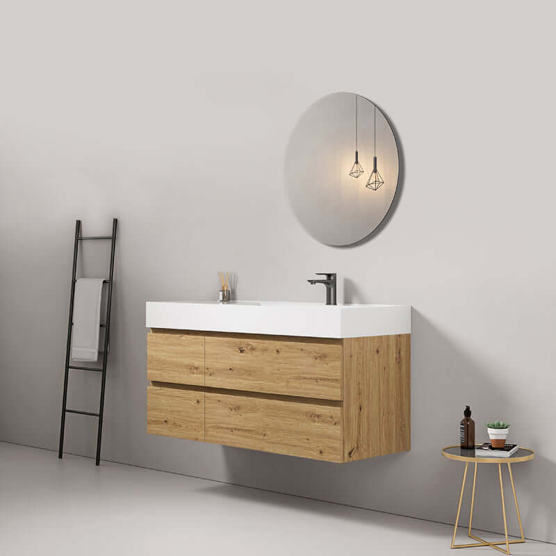 Mobile bagno sospeso 120 cm Bruno Medio Lavabo a Destra in Resina Specchio Tondo - Fiji Wood