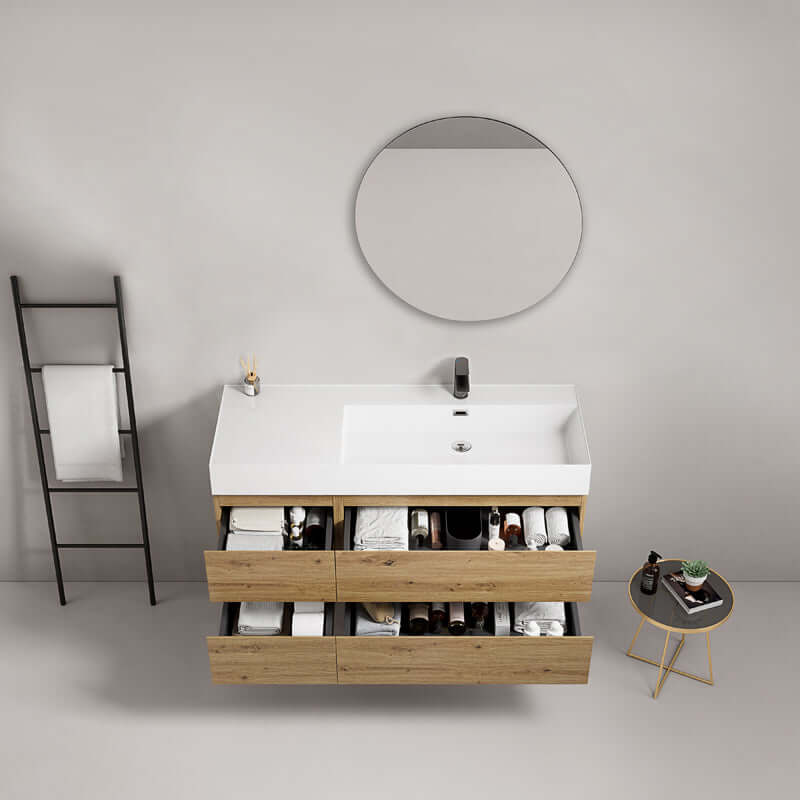 Mobile bagno sospeso 120 cm Bruno Medio Lavabo a Destra in Resina Specchio Tondo - Fiji Wood