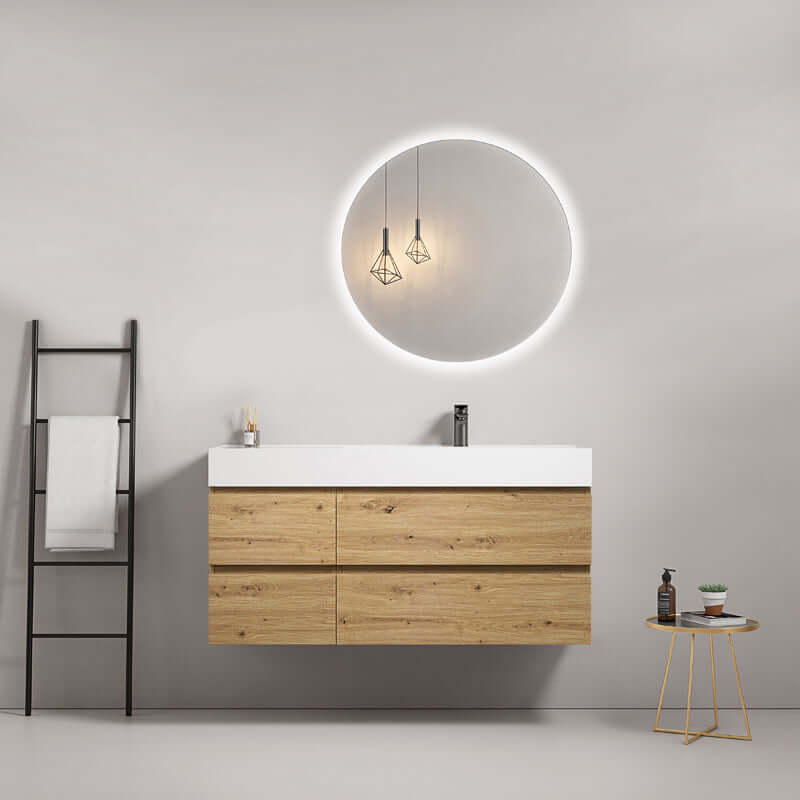 Mobile bagno sospeso 120 cm Bruno Medio Lavabo a Destra in Resina Specchio Tondo Retroilluminato - Fiji Wood