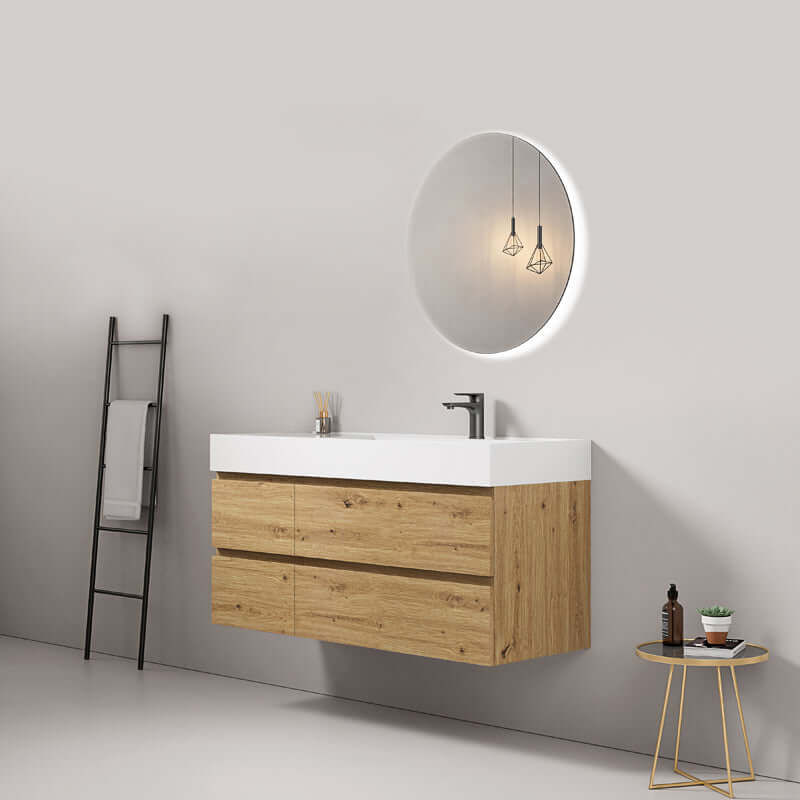 Mobile bagno sospeso 120 cm Bruno Medio Lavabo a Destra in Resina Specchio Tondo Retroilluminato - Fiji Wood