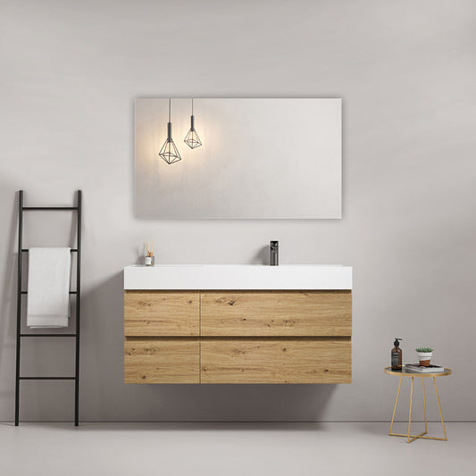 Bathroom Cabinet Wall-hung 120 cm Brown Medium Right-hand Sink in Resin Square Mirror - Fiji Wood