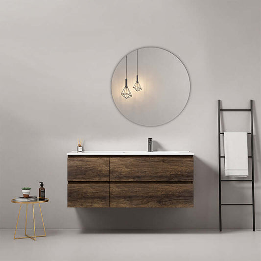 Mobile bagno sospeso 120 cm Bruno Scuro Lavabo a Destra in Ceramica Specchio Tondo - Fiji Wood