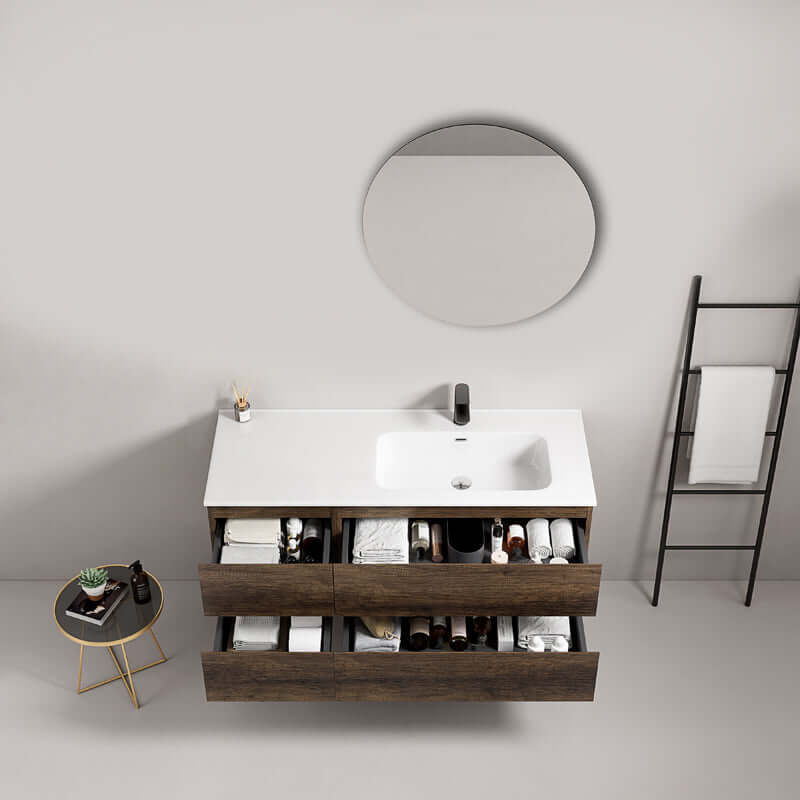 Mobile bagno sospeso 120 cm Bruno Scuro Lavabo a Sinistra in Ceramica Specchio Tondo - Fiji Wood