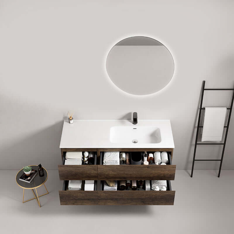 Mobile bagno sospeso 120 cm Bruno Scuro Lavabo a Sinistra in Ceramica Specchio Tondo Retroilluminato - Fiji Wood