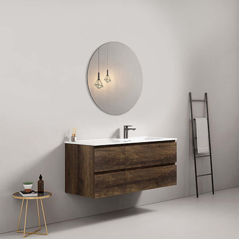 Mobile bagno sospeso 120 cm Bruno Scuro Lavabo a Sinistra in Ceramica Specchio Tondo - Fiji Wood