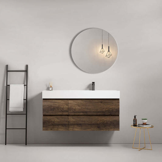 Mobile bagno sospeso 120 cm Bruno Scuro Lavabo a Destra in Resina Specchio Tondo - Fiji Wood