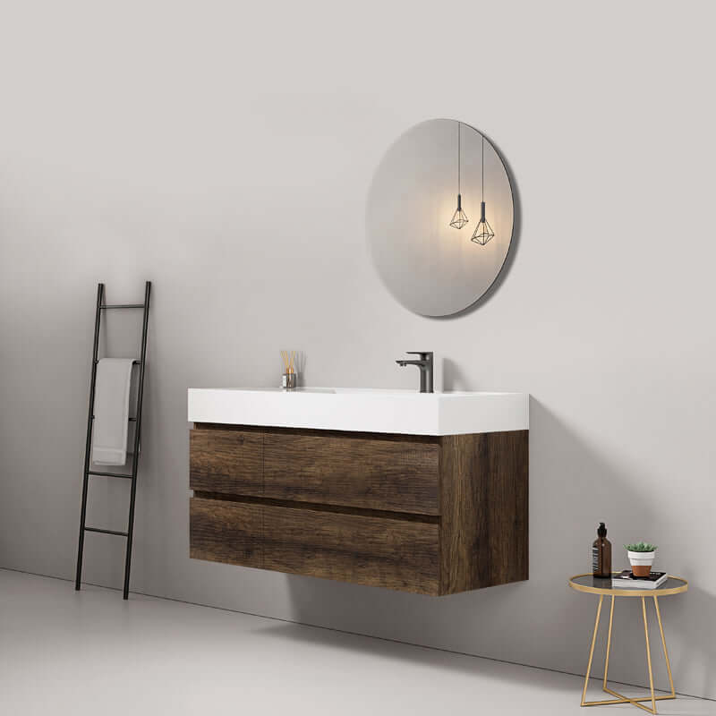 Mobile bagno sospeso 120 cm Bruno Scuro Lavabo a Destra in Resina Specchio Tondo - Fiji Wood