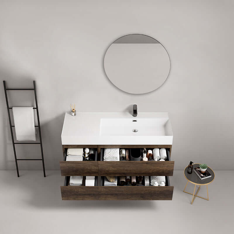 Mobile bagno sospeso 120 cm Bruno Scuro Lavabo a Destra in Resina Specchio Tondo - Fiji Wood