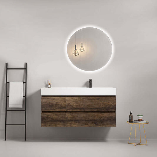 Mobile bagno sospeso 120 cm Bruno Scuro Lavabo a Destra in Resina Specchio Tondo Retroilluminato - Fiji Wood