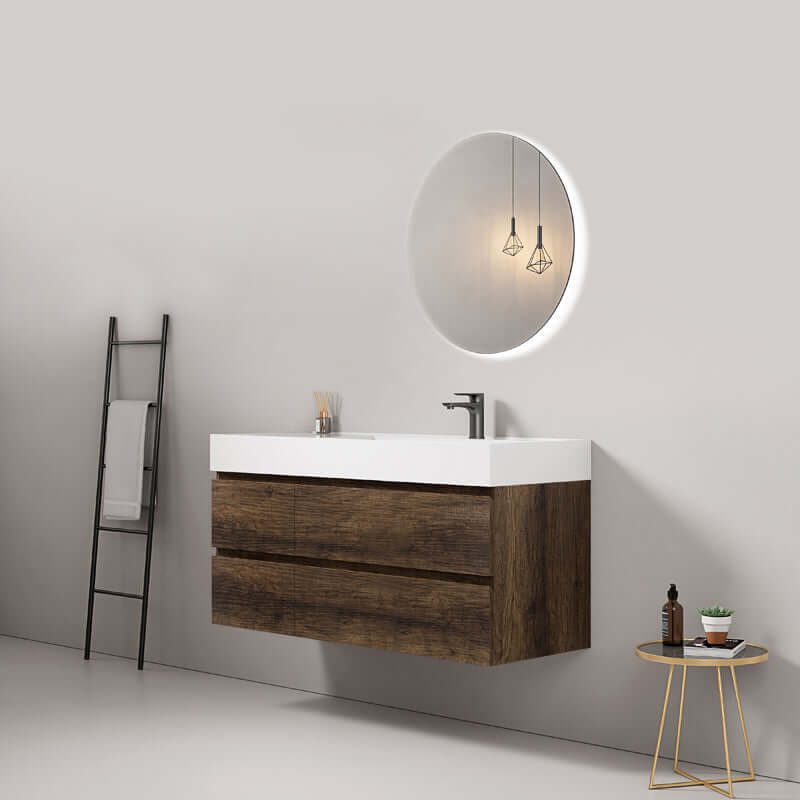 Mobile bagno sospeso 120 cm Bruno Scuro Lavabo a Destra in Resina Specchio Tondo Retroilluminato - Fiji Wood