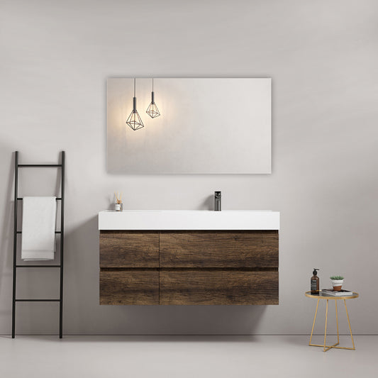 Mobile bagno sospeso 120 cm Bruno Scuro Lavabo a Destra in Resina Specchio Quadro - Fiji Wood