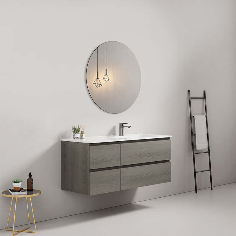 Mobile bagno sospeso 120 cm Grey Lavabo a Destra in Ceramica Specchio Tondo - Fiji Wood