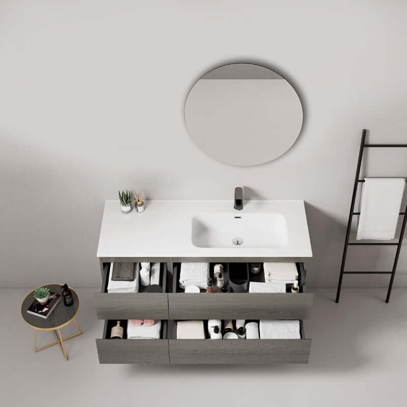 Mobile bagno sospeso 120 cm Grey Lavabo a Destra in Ceramica Specchio Tondo - Fiji Wood
