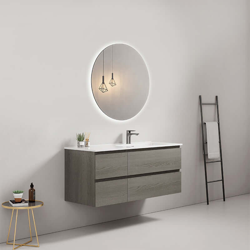 Mobile bagno sospeso 120 cm Grey Lavabo a Destra in Ceramica Specchio Tondo Retroilluminato - Fiji Wood