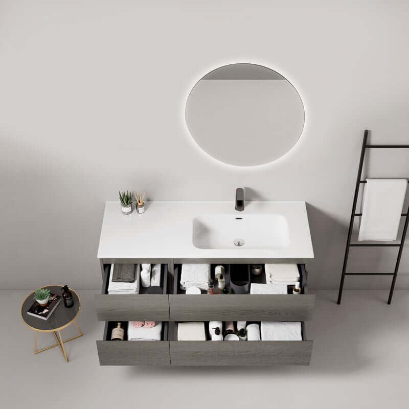 Mobile bagno sospeso 120 cm Grey Lavabo a Destra in Ceramica Specchio Tondo Retroilluminato - Fiji Wood