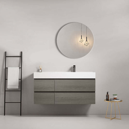 Mobile bagno sospeso 120 cm Grey Lavabo a Destra in Resina Specchio Tondo - Fiji Wood
