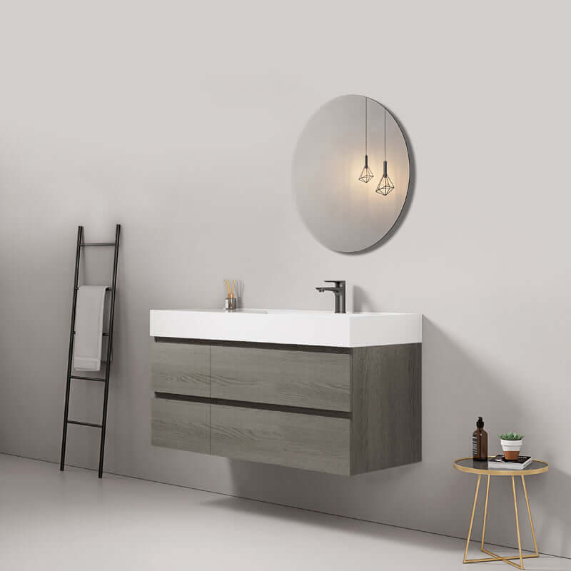 Mobile bagno sospeso 120 cm Grey Lavabo a Destra in Resina Specchio Tondo - Fiji Wood