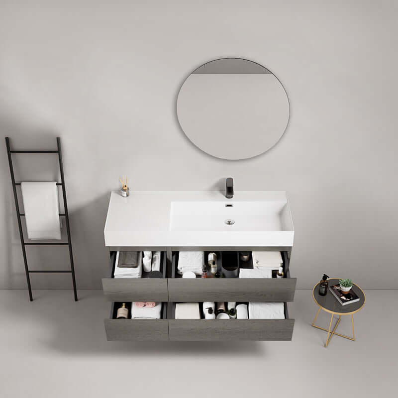 Mobile bagno sospeso 120 cm Grey Lavabo a Destra in Resina Specchio Tondo - Fiji Wood