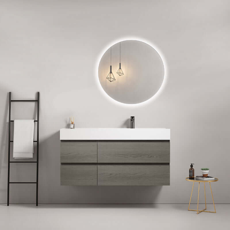 Mobile bagno sospeso 120 cm Grey Lavabo a Destra in Resina Specchio Tondo Retroilluminato - Fiji Wood