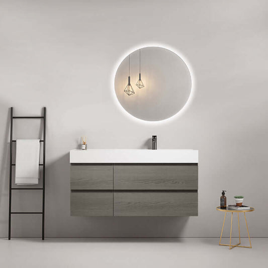 Mobile bagno sospeso 120 cm Grey Lavabo a Destra in Resina Specchio Tondo Retroilluminato - Fiji Wood