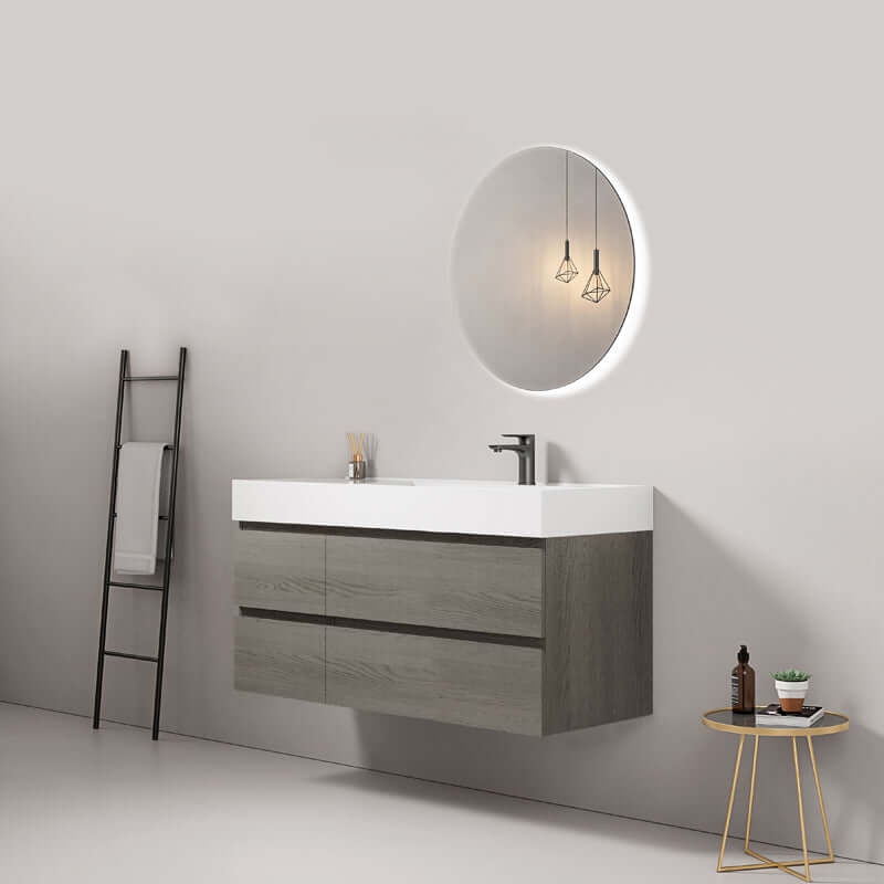 Mobile bagno sospeso 120 cm Grey Lavabo a Destra in Resina Specchio Tondo Retroilluminato - Fiji Wood
