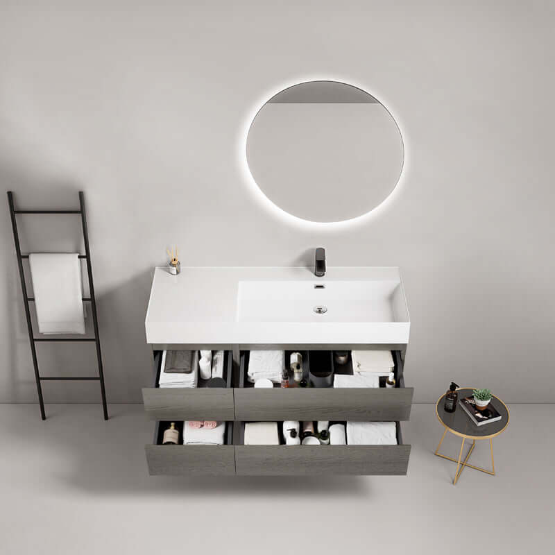 Mobile bagno sospeso 120 cm Grey Lavabo a Destra in Resina Specchio Tondo Retroilluminato - Fiji Wood
