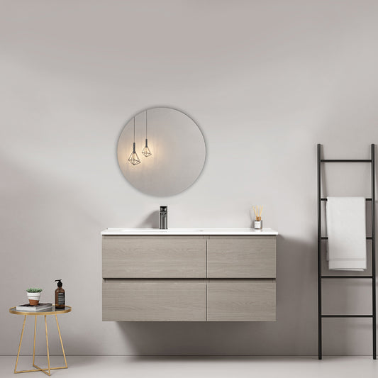 Mobile bagno sospeso 100 cm Beige Lavabo a Sinistra in Ceramica Specchio Tondo - Fiji Wood