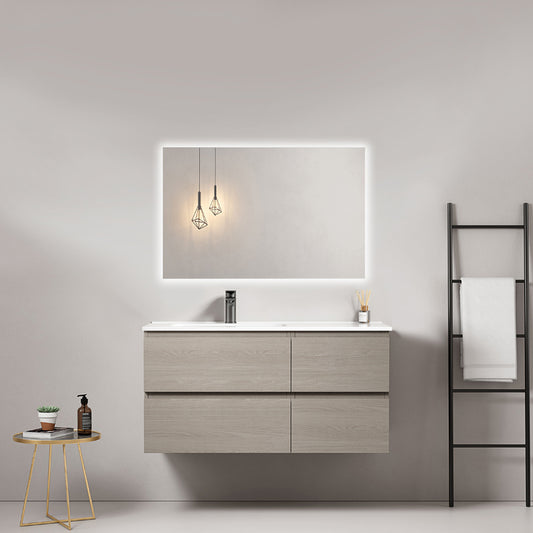 100cm Beige Wall-hung Bathroom Cabinet Left-Hand Ceramic Sink Backlit Mirror - Fiji Wood