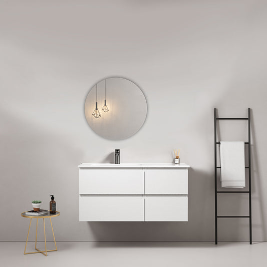 100cm White Wall-hung Bathroom Cabinet Left-Hand Ceramic Sink Round Mirror - Fiji Wood
