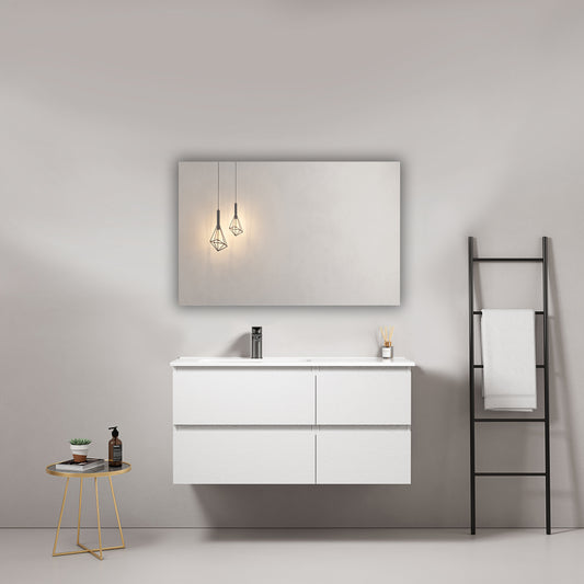 Mobile bagno sospeso 100 cm Bianco Lavabo a Sinistra in Ceramica Specchio Quadro - Fiji Wood
