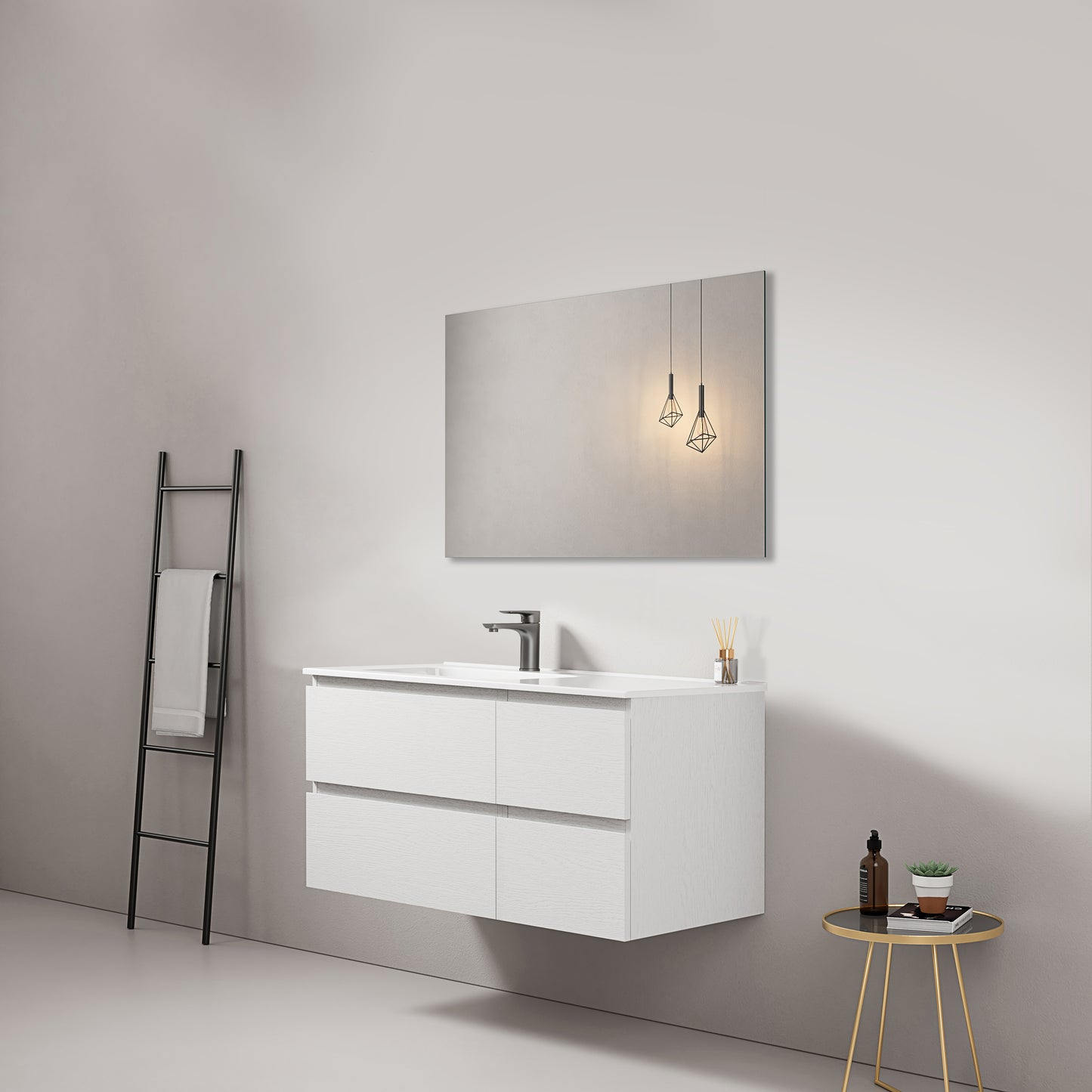 Mobile bagno sospeso 100 cm Bianco Lavabo a Sinistra in Ceramica Specchio Quadro - Fiji Wood