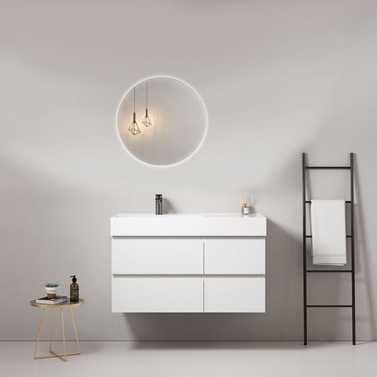 100cm White Wall-hung Bathroom Cabinet Left-Hand Resin Sink Round Backlit Mirror - Fiji Wood
