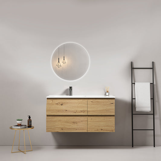 Mobile bagno sospeso 100 cm Bruno Medio Lavabo a Sinistra in Ceramica Specchio Tondo Retroilluminato - Fiji Wood
