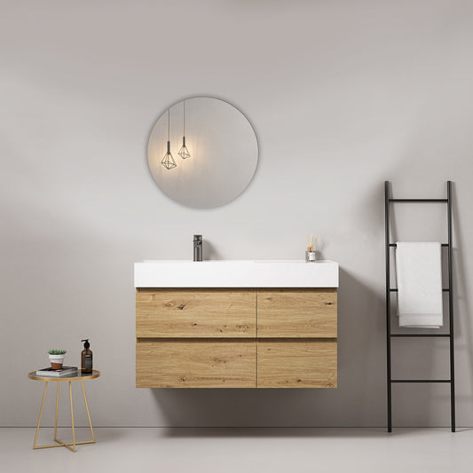 Mobile bagno sospeso 100 cm Bruno Medio Lavabo a Sinistra in Resina Specchio Tondo - Fiji Wood