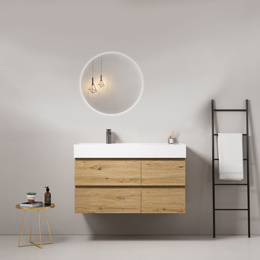 Mobile bagno sospeso 100 cm Bruno Medio Lavabo a Sinistra in Resina Specchio Tondo Retroilluminato - Fiji Wood