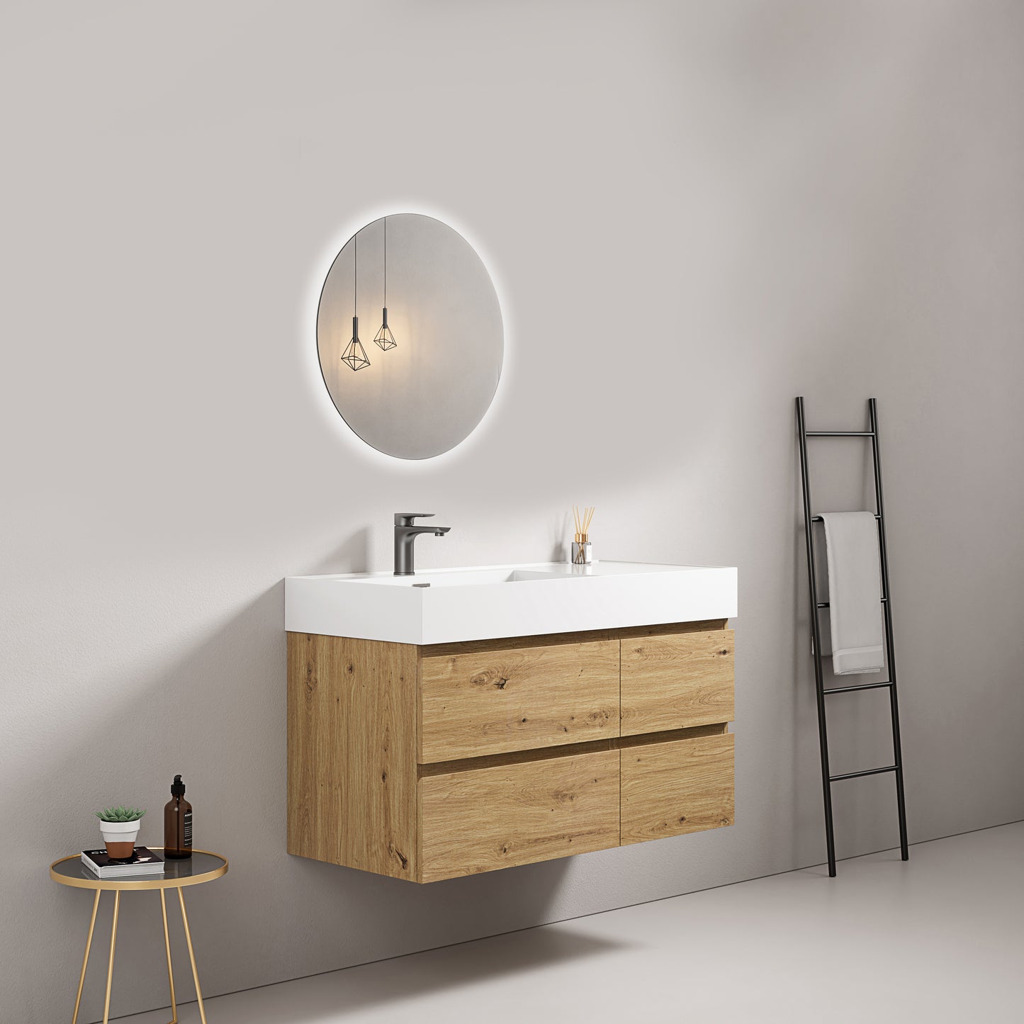 Mobile bagno sospeso 100 cm Bruno Medio Lavabo a Sinistra in Resina Specchio Tondo Retroilluminato - Fiji Wood