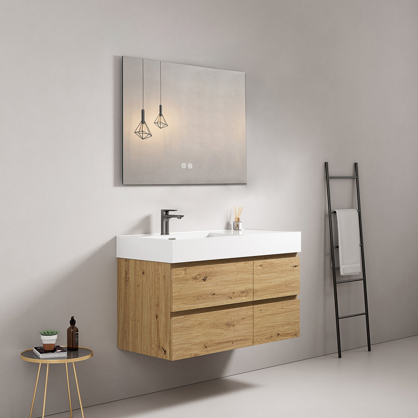 Mobile bagno sospeso 100 cm Bruno Medio Lavabo a Sinistra in Resina Specchio Quadro - Fiji Wood