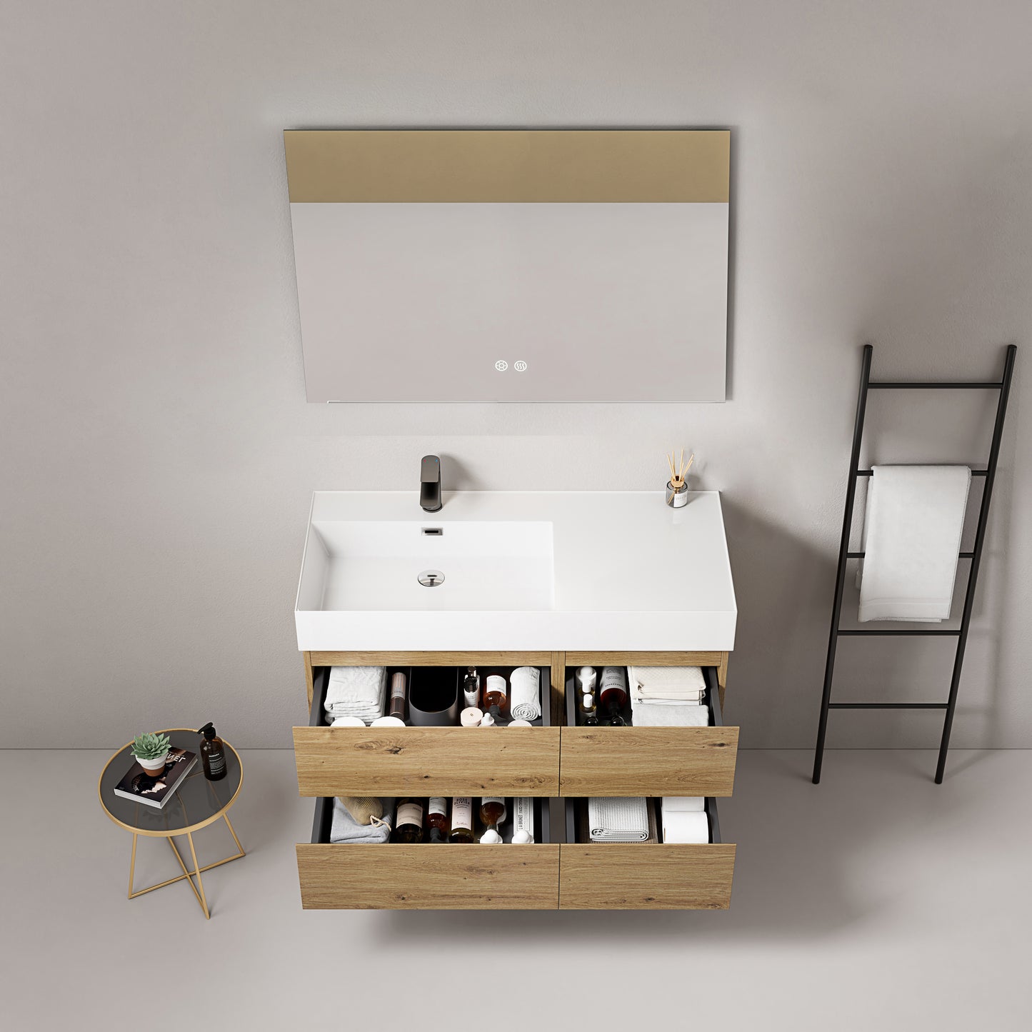 Mobile bagno sospeso 100 cm Bruno Medio Lavabo a Sinistra in Resina Specchio Quadro - Fiji Wood