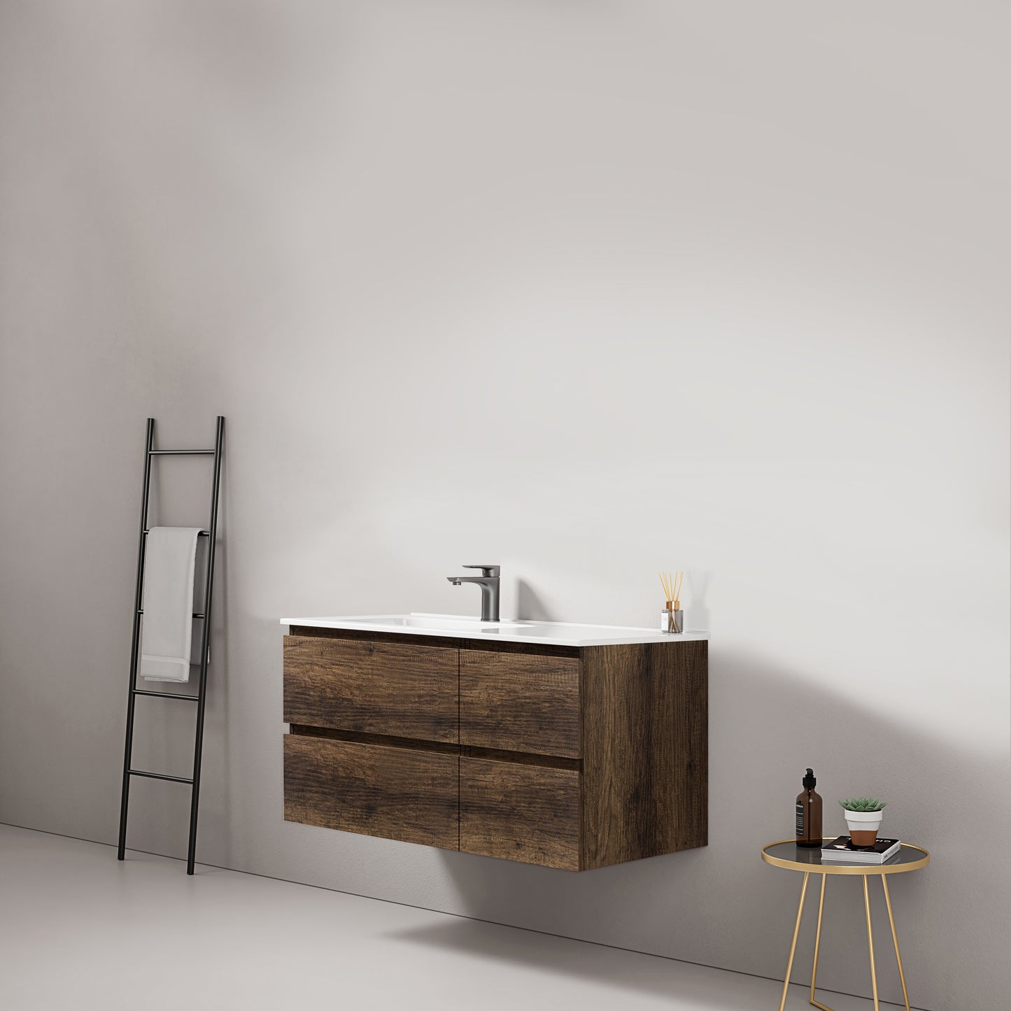 Mobile bagno sospeso 100 cm Bruno Scuro Lavabo a Sinistra in Ceramica Senza Specchio - Fiji Wood