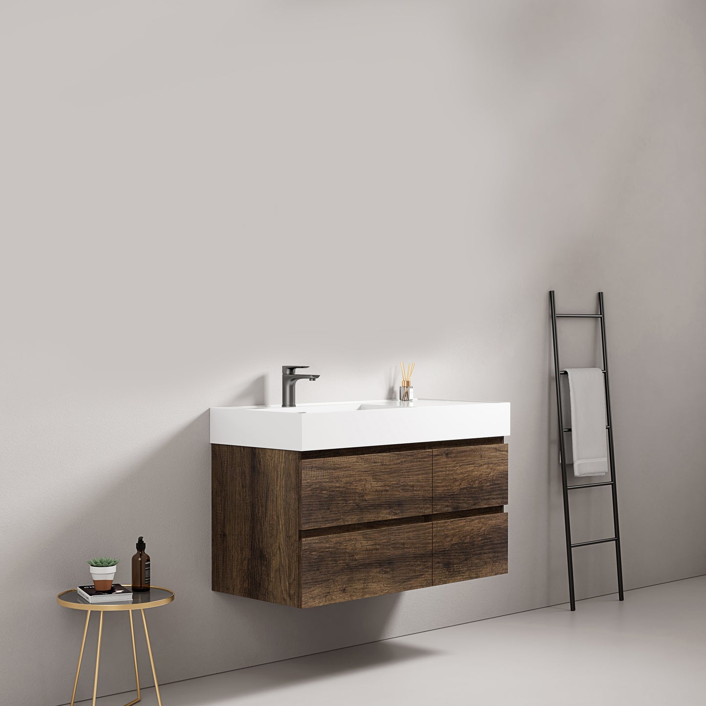 Mobile bagno sospeso 100 cm Bruno Scuro Lavabo a Sinistra in Resina Senza Specchio - Fiji Wood