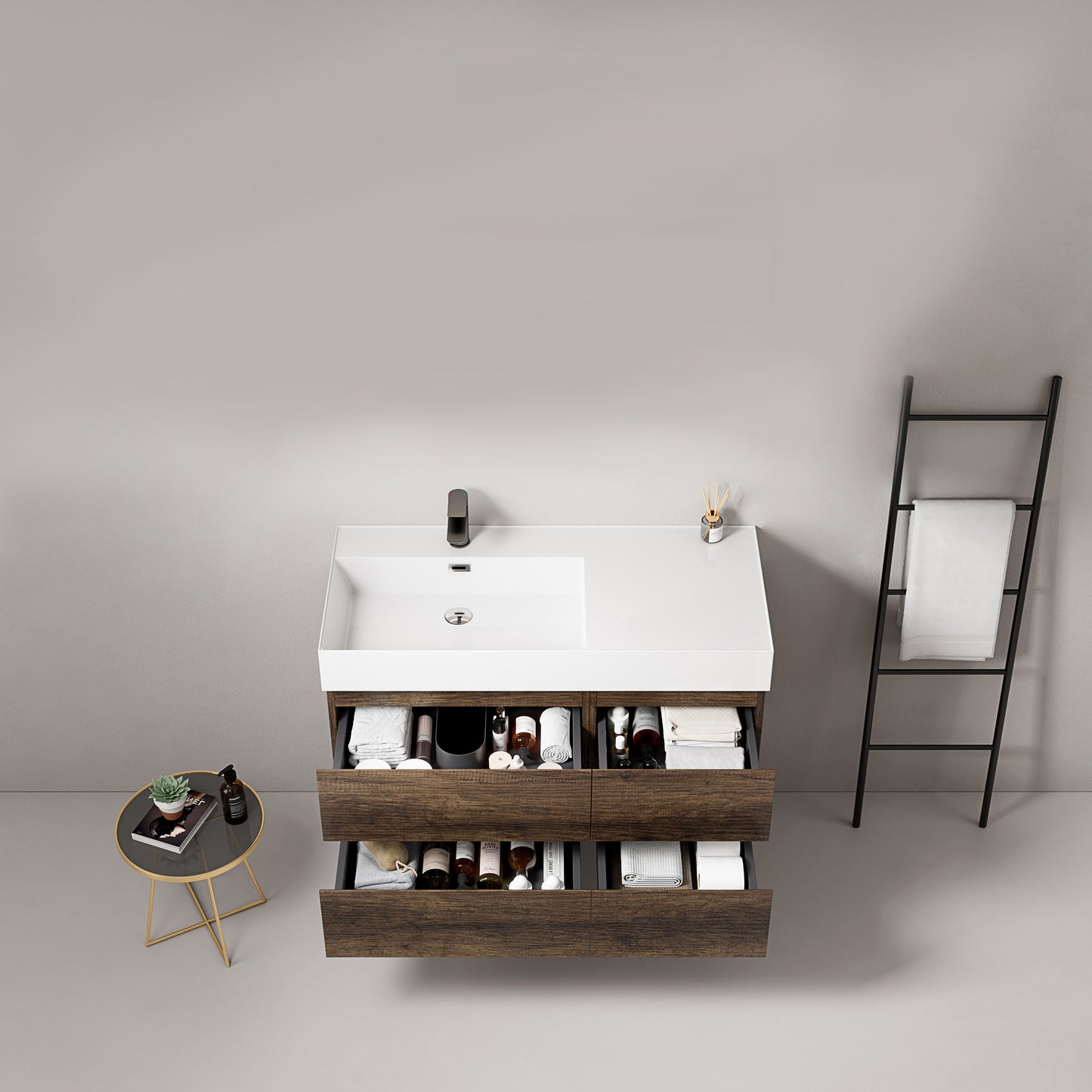 Mobile bagno sospeso 100 cm Bruno Scuro Lavabo a Sinistra in Resina Senza Specchio - Fiji Wood