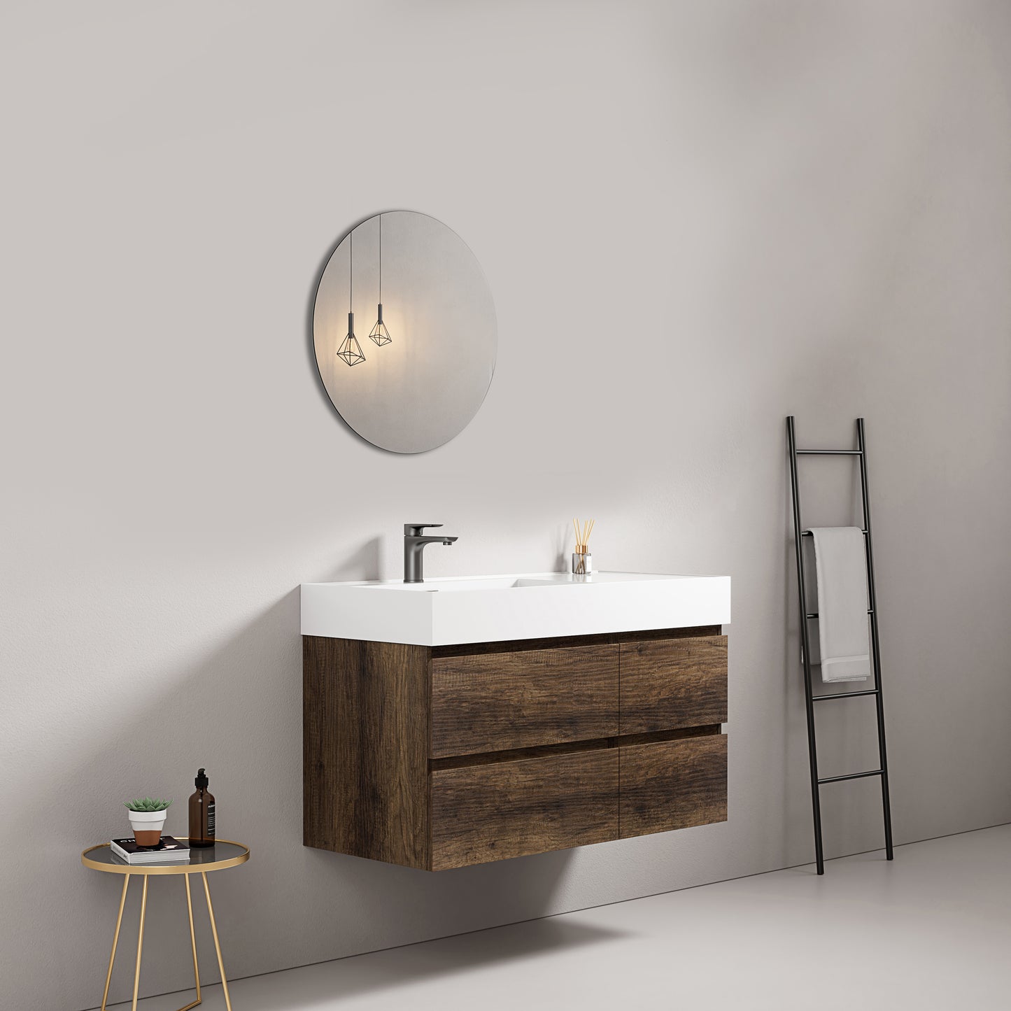 Mobile bagno sospeso 100 cm Bruno Scuro Lavabo a Sinistra in Resina Specchio Tondo - Fiji Wood