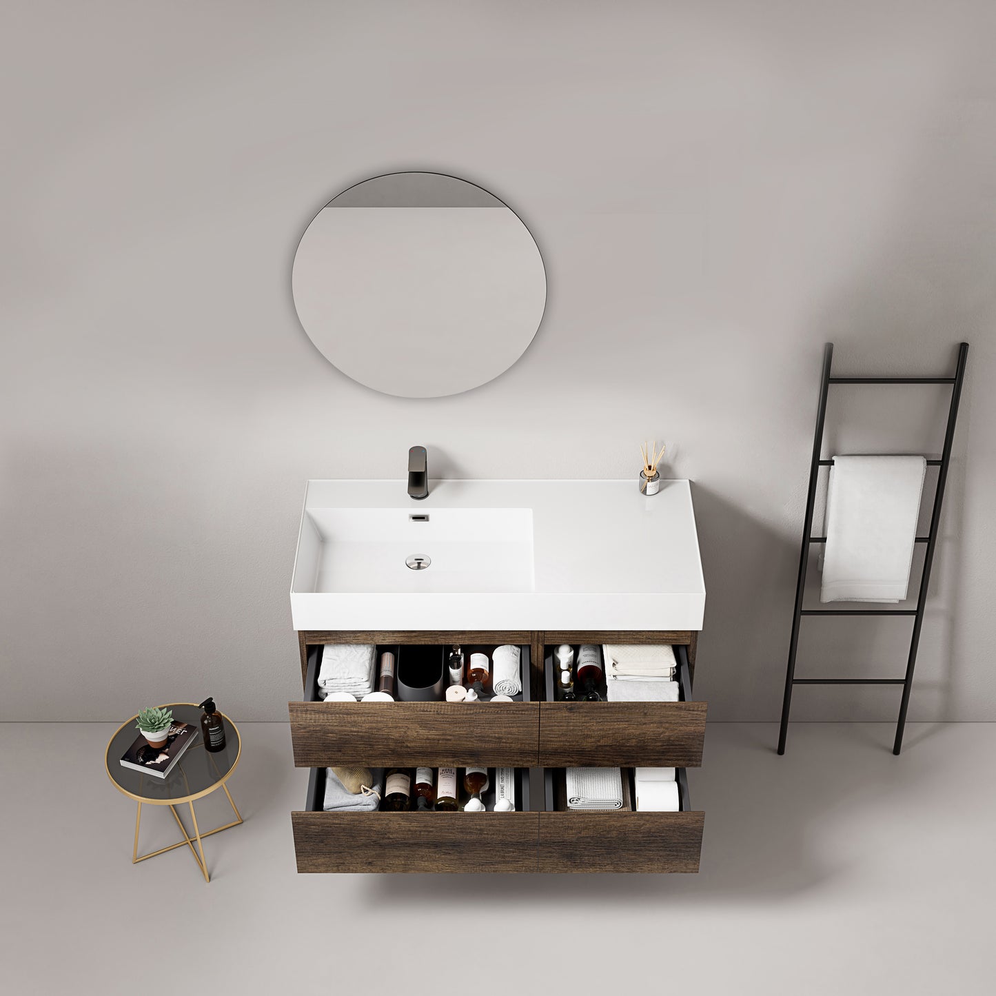 Mobile bagno sospeso 100 cm Bruno Scuro Lavabo a Sinistra in Resina Specchio Tondo - Fiji Wood