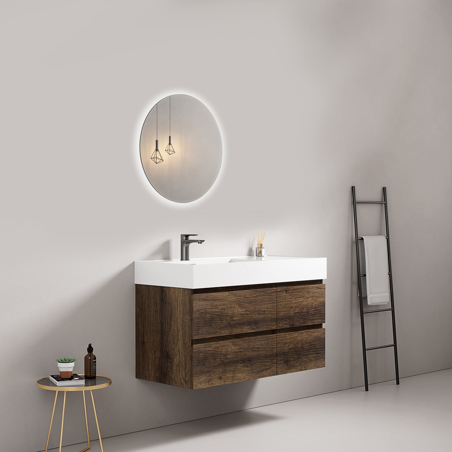 Mobile bagno sospeso 100 cm Bruno Scuro Lavabo a Sinistra in Resina Specchio Tondo Retroilluminato - Fiji Wood