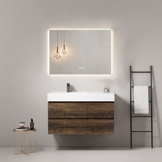 Mobile bagno sospeso 100 cm Bruno Scuro Lavabo a Sinistra in Resina Specchio Quadro Retroilluminato - Fiji Wood