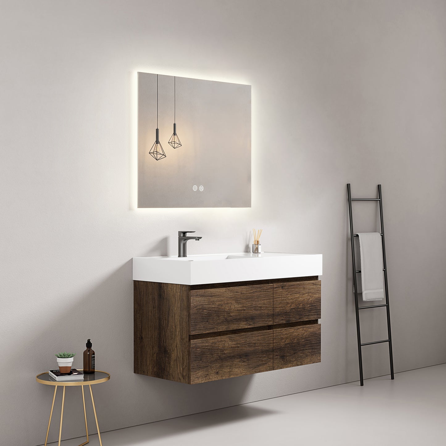Mobile bagno sospeso 100 cm Bruno Scuro Lavabo a Sinistra in Resina Specchio Quadro Retroilluminato - Fiji Wood