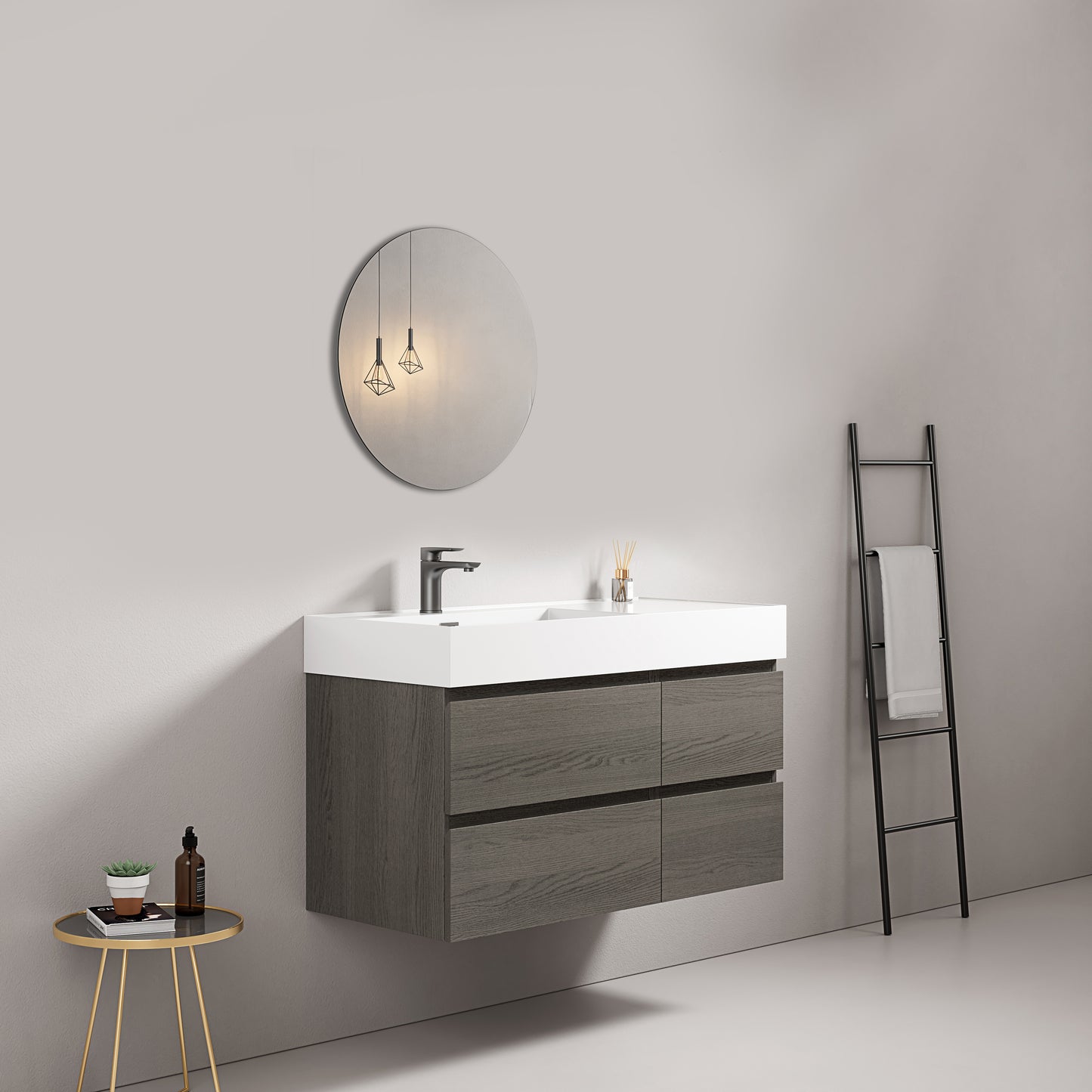 Mobile bagno sospeso 100 cm Grey Lavabo a Sinistra in Resina Specchio Tondo - Fiji Wood