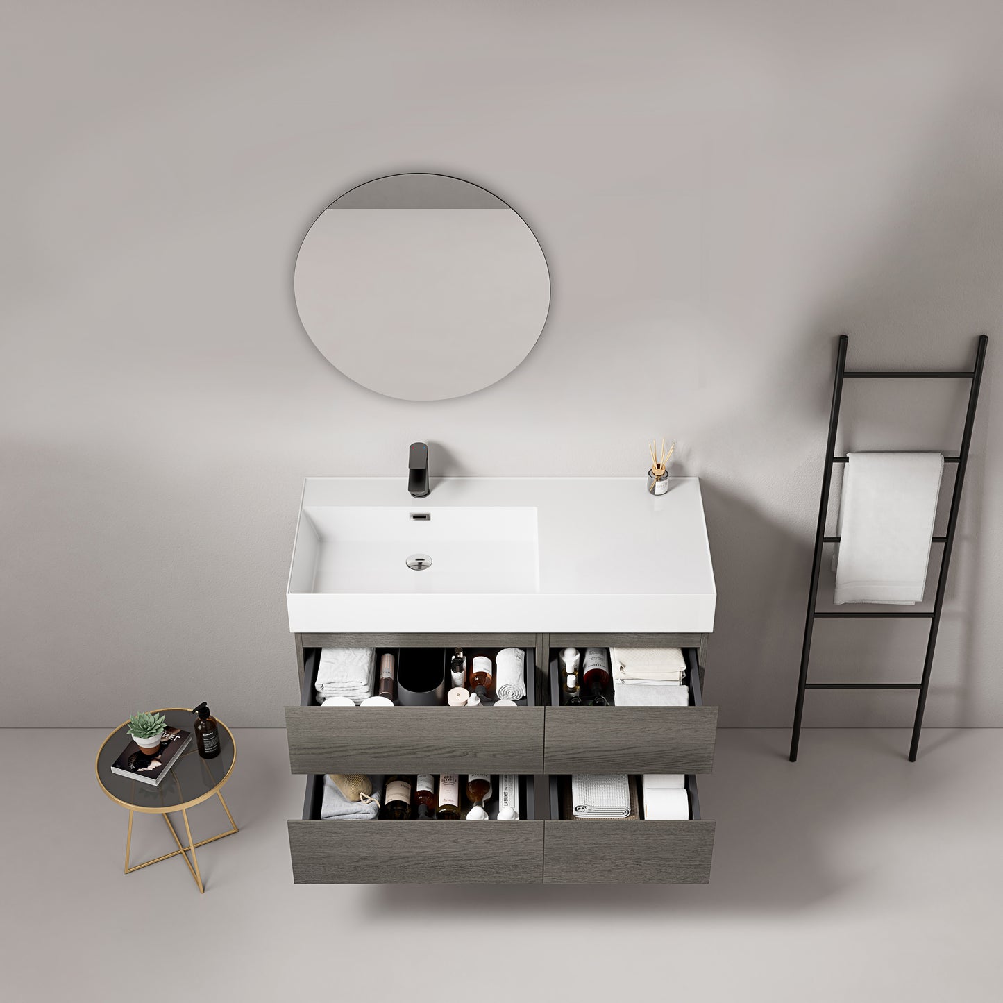 Mobile bagno sospeso 100 cm Grey Lavabo a Sinistra in Resina Specchio Tondo - Fiji Wood